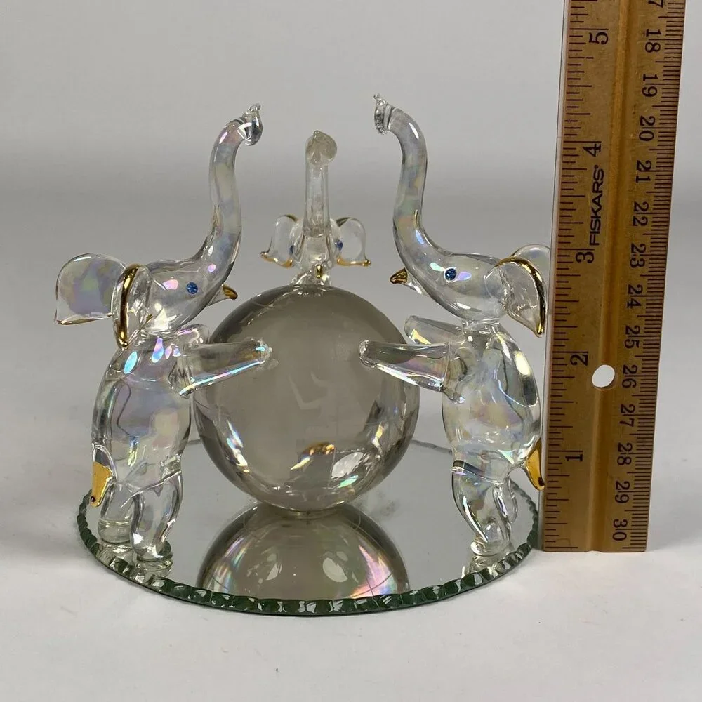 3 Hand Blown Glass Elephants on Globe Figurine Blue Rhinestone Eyes Mirror Base - Picture 10 of 11